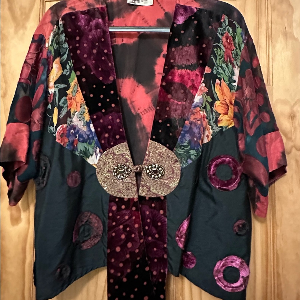 Floral Kimono Top with Velvet Accents